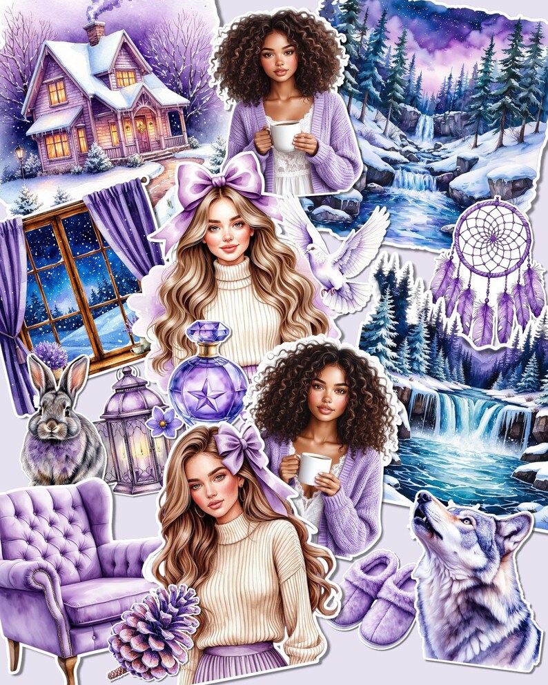 Lot de 17 Cozy winter vibes in soft purple tones stickers for journaling| Scrapbooking | Crafts| planners •