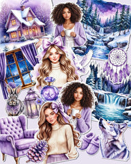 Lot de 17 Cozy winter vibes in soft purple tones stickers for journaling| Scrapbooking | Crafts| planners •