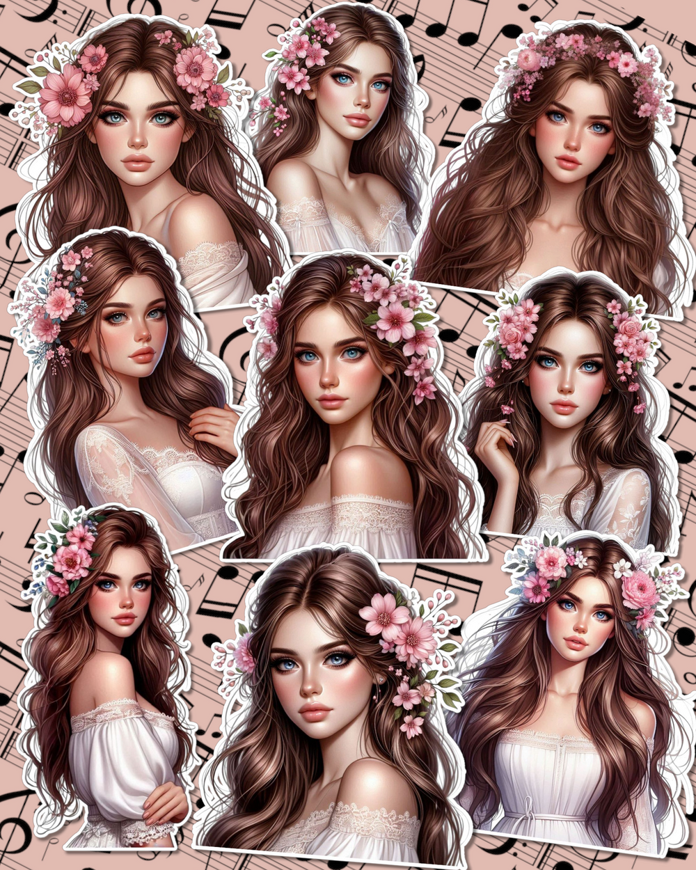 Set of Beautiful girls with flowers in hair  for journaling , le scrapbooking, Crafts, HandArts.