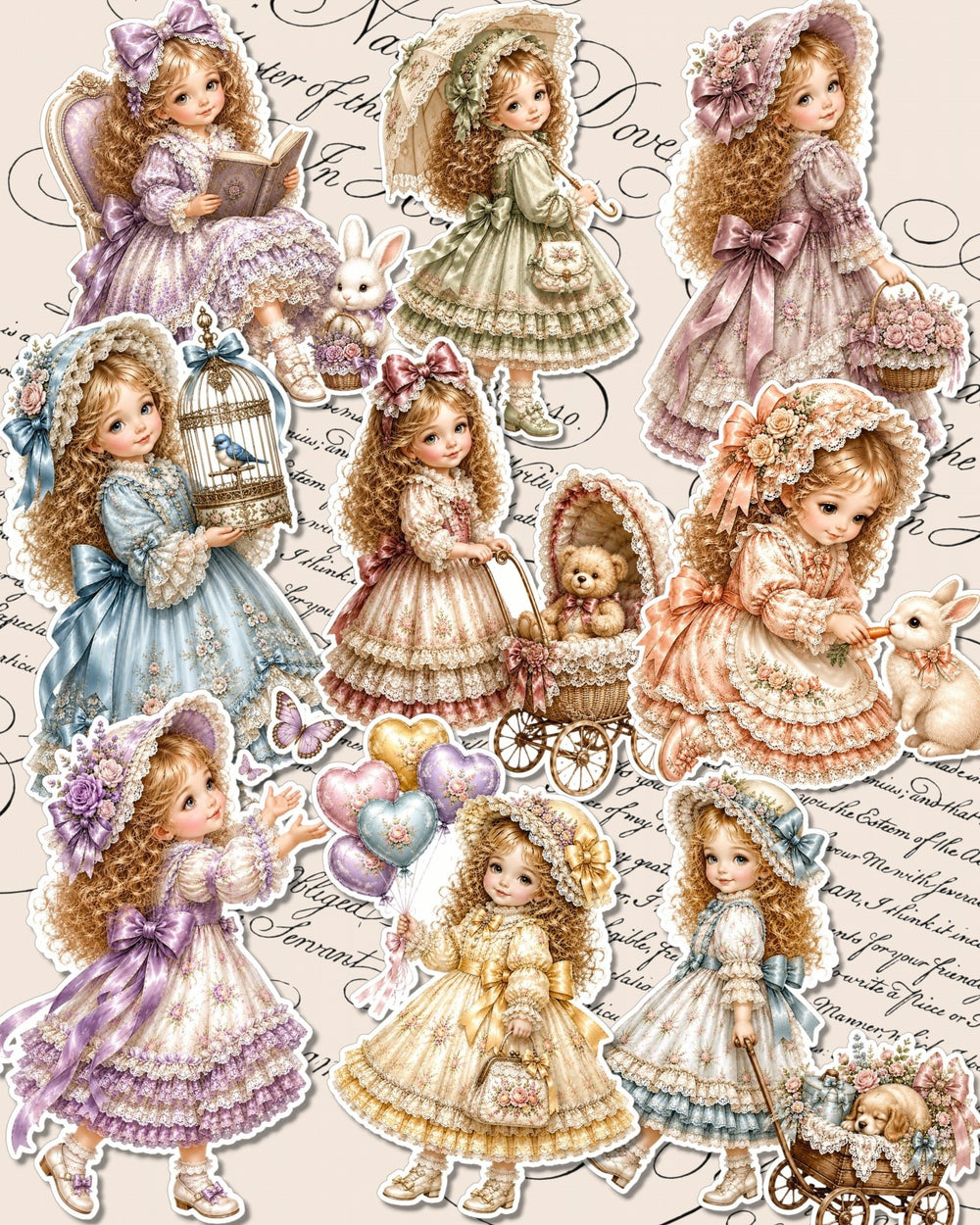Whimsical Victorian Girl Stickers,Soft Pastel Dreams for journaling, Scrapbooking, Crafts, HandArts.