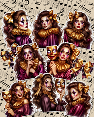 Elegant Harlequin Girl Stickers with Artistic Details and Golden Shine – Perfect for Journaling, scrapbooking, Crafts, HandArts.