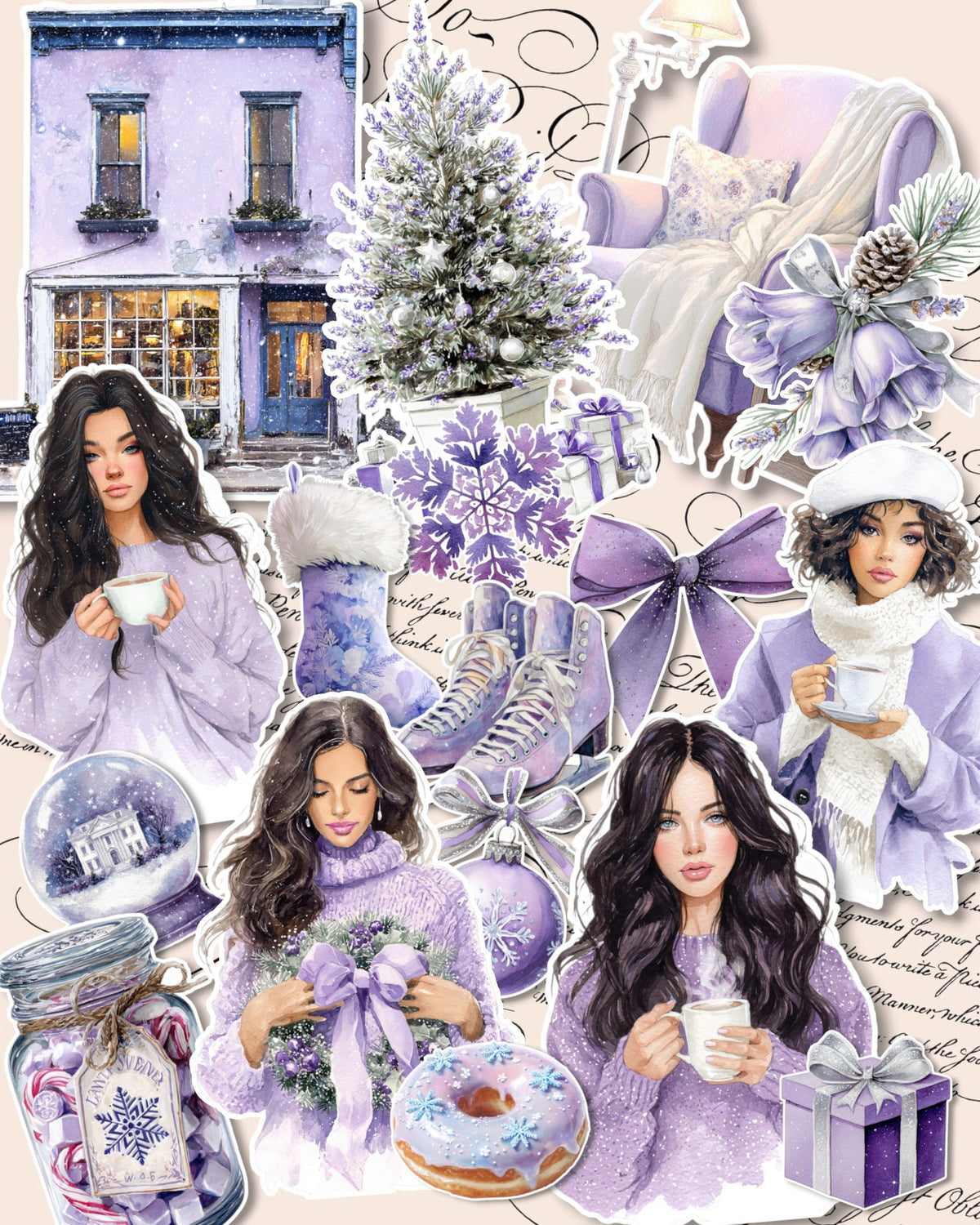 Lot de 17 dreamy purple Chrismas Stickers for journaling| Scrapbooking | Crafts| planners •