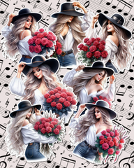 Set of Beautiful girls wearing black hat and holding red flowers journaling , le scrapbooking, Crafts, HandArts.