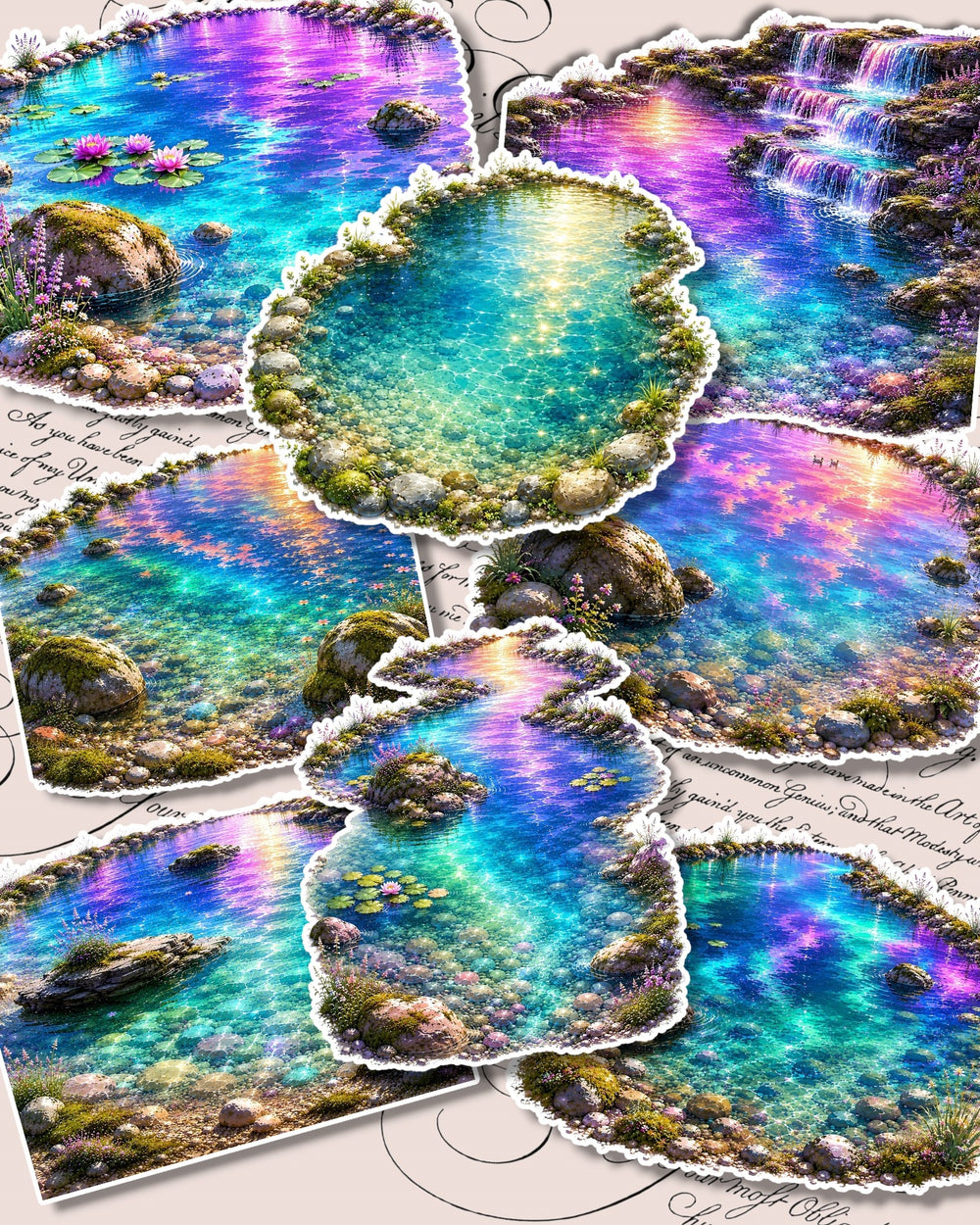 Dreamy world of sparkling enchanted ponds, magical Waterfalls Stickers for journaling , scrapbooking, HandArts