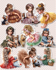 Set of 9 small girls with pets for Journaling, scrapbooking, Crafts, HandArts.