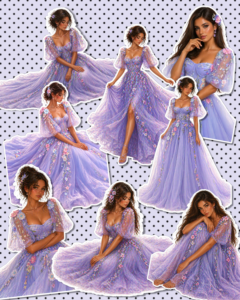 Set of Elegant fashion girl stickers wearing beautiful flory purple dress , perfect for Journaling, scrapbooking, Crafts, HandArts.