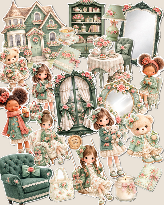 Lot of more 25 Soft sage floral dollhouse stickers in a romantic vintage style  for journaling| Scrapbooking | Crafts| HandArts Fabrication