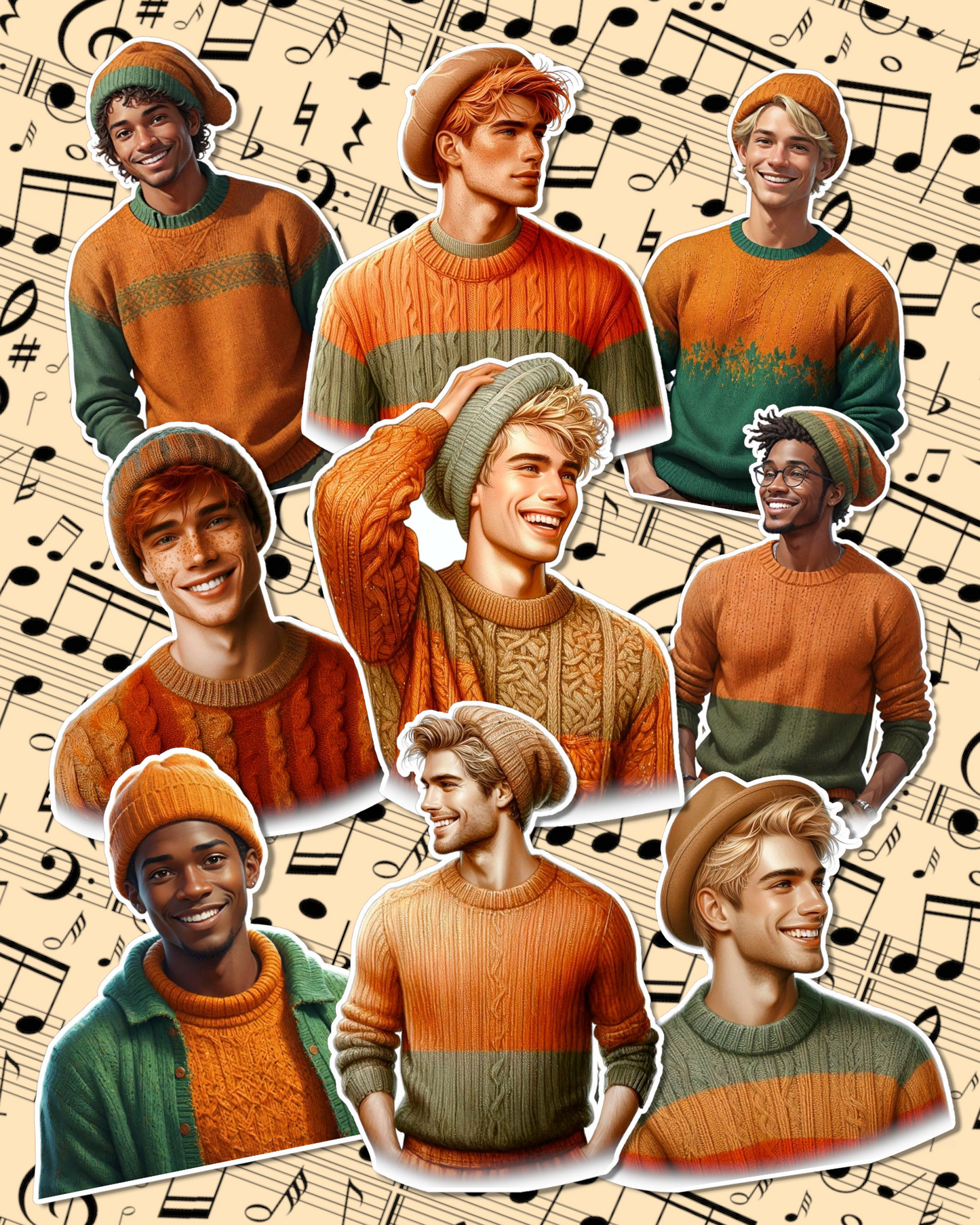 Lot de 9 Stickers Handsome Classic  men wearing orange pull-overs pour journalisation, Scrapbooking, Artisanat