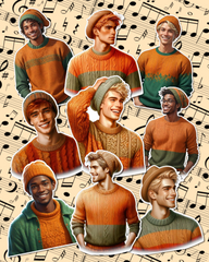 Lot de 9 Stickers Handsome Classic  men wearing orange pull-overs pour journalisation, Scrapbooking, Artisanat