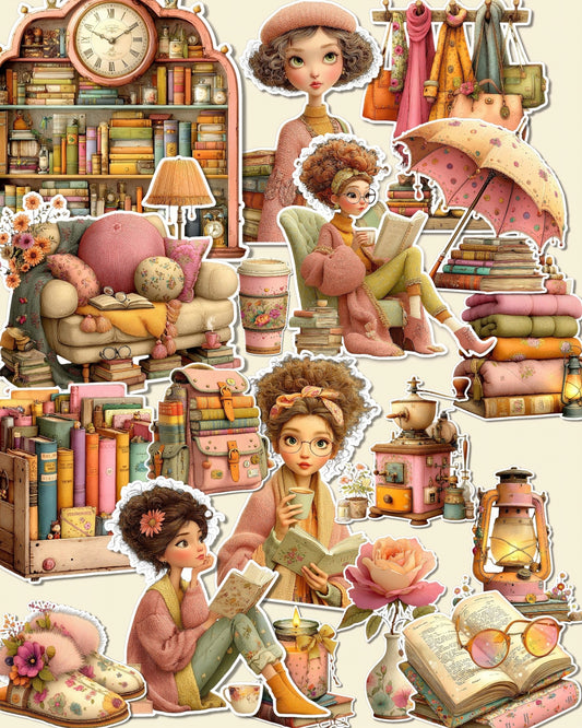 Lot de 17 secret Cozy Book Nook stickers for journaling| Scrapbooking | Crafts| Hand Arts •