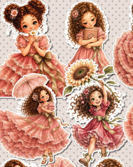 Set of Whimsical Curly Girl Sticker Collection for journaling , le scrapbooking, Crafts, HandArts.