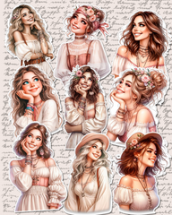 Set of Beautiful thinking girls stickers for journaling , le scrapbooking, Crafts, HandArts.