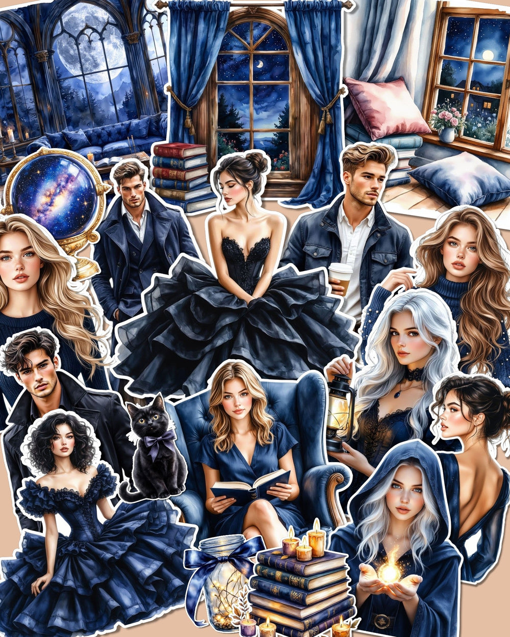 Dark Academia Dreams stickers collection featuring elegant characters, magical books and moonlit vibes for journaling, Scrapbooking,HandArts