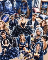 Dark Academia Dreams stickers collection featuring elegant characters, magical books and moonlit vibes for journaling, Scrapbooking,HandArts