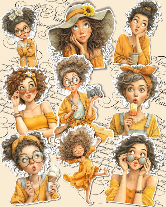 Adorable hand-drawn girls full of charm, cozy vibes, and playful expressions for journaling ,scrapbooking,Crafts, HandArts.