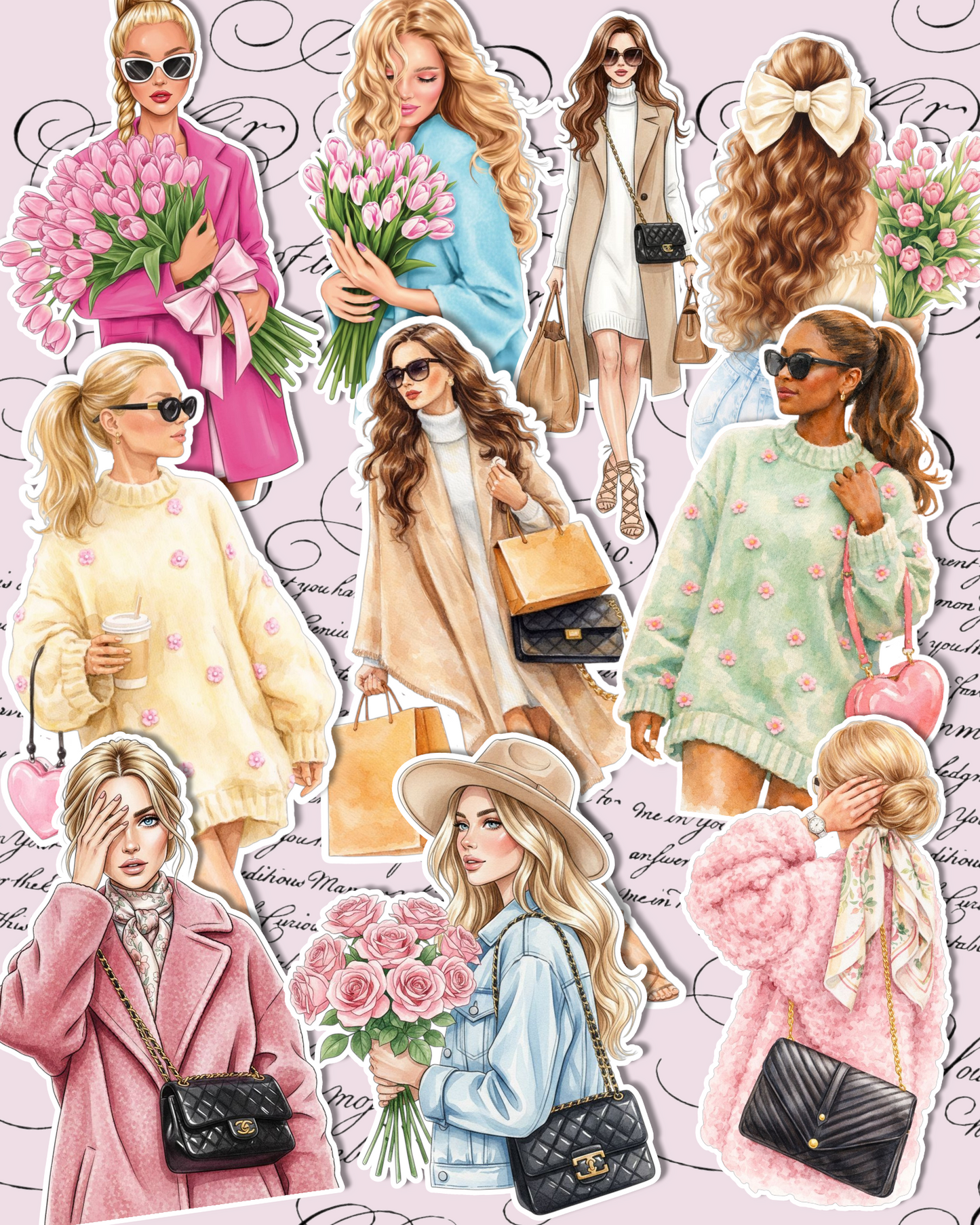 Set of stylish girl stickers  in soft blush tones perfect for Journaling, scrapbooking, Crafts, Hand Arts