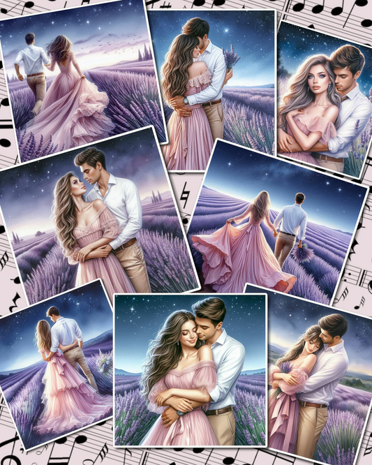 Set of photos Stickers of romantic couple in lavender feild for journaling , scrapbooking, Crafts, HandArts.