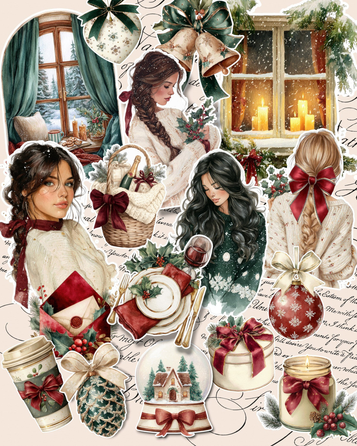 Lot de 17 dreamy cozy Burgundy Green Chrismas Stickers for journaling| Scrapbooking | Crafts| planners •