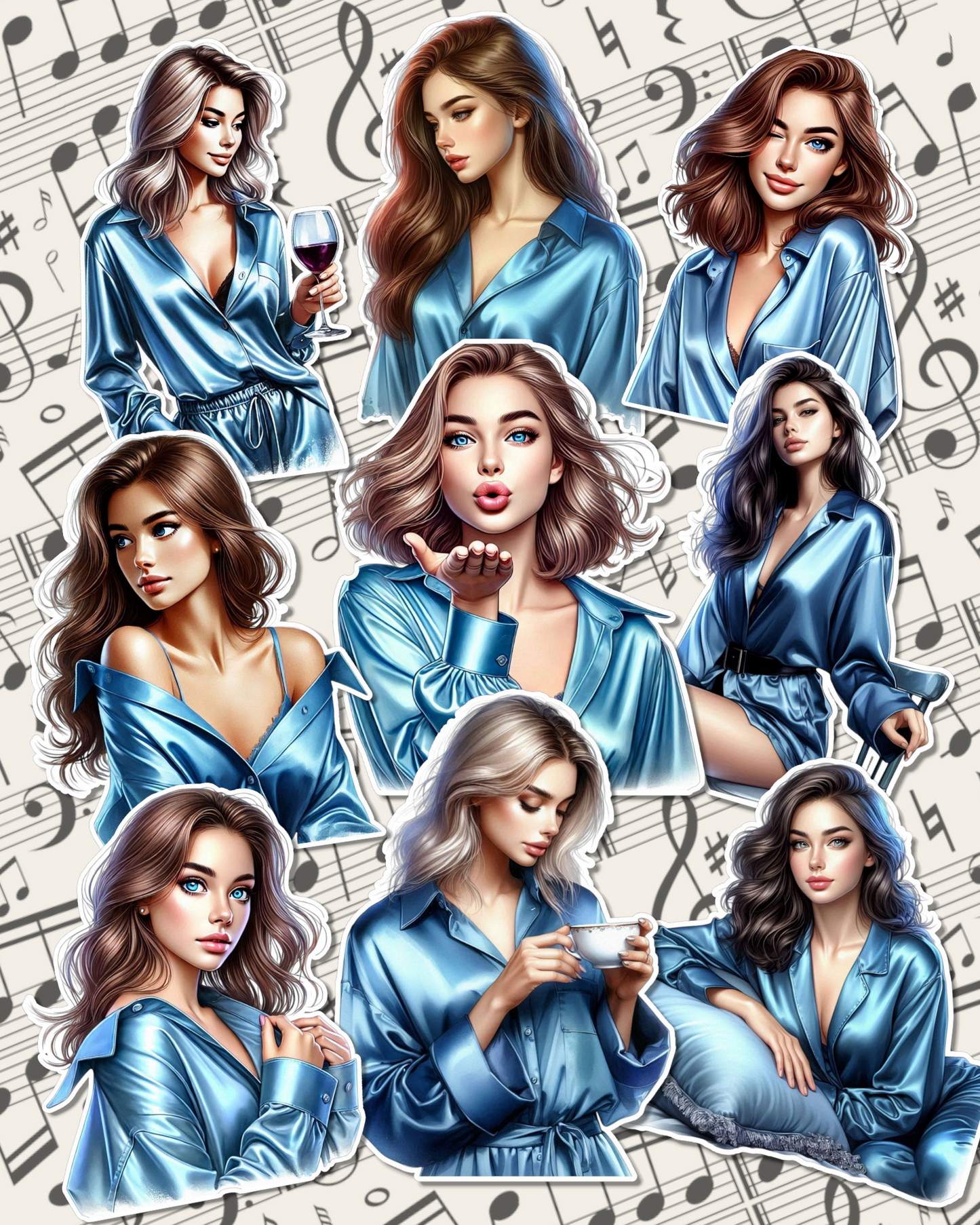 Set of Beautiful girls wearing blue satin Pajamas for journaling , le scrapbooking, Crafts, HandArts.