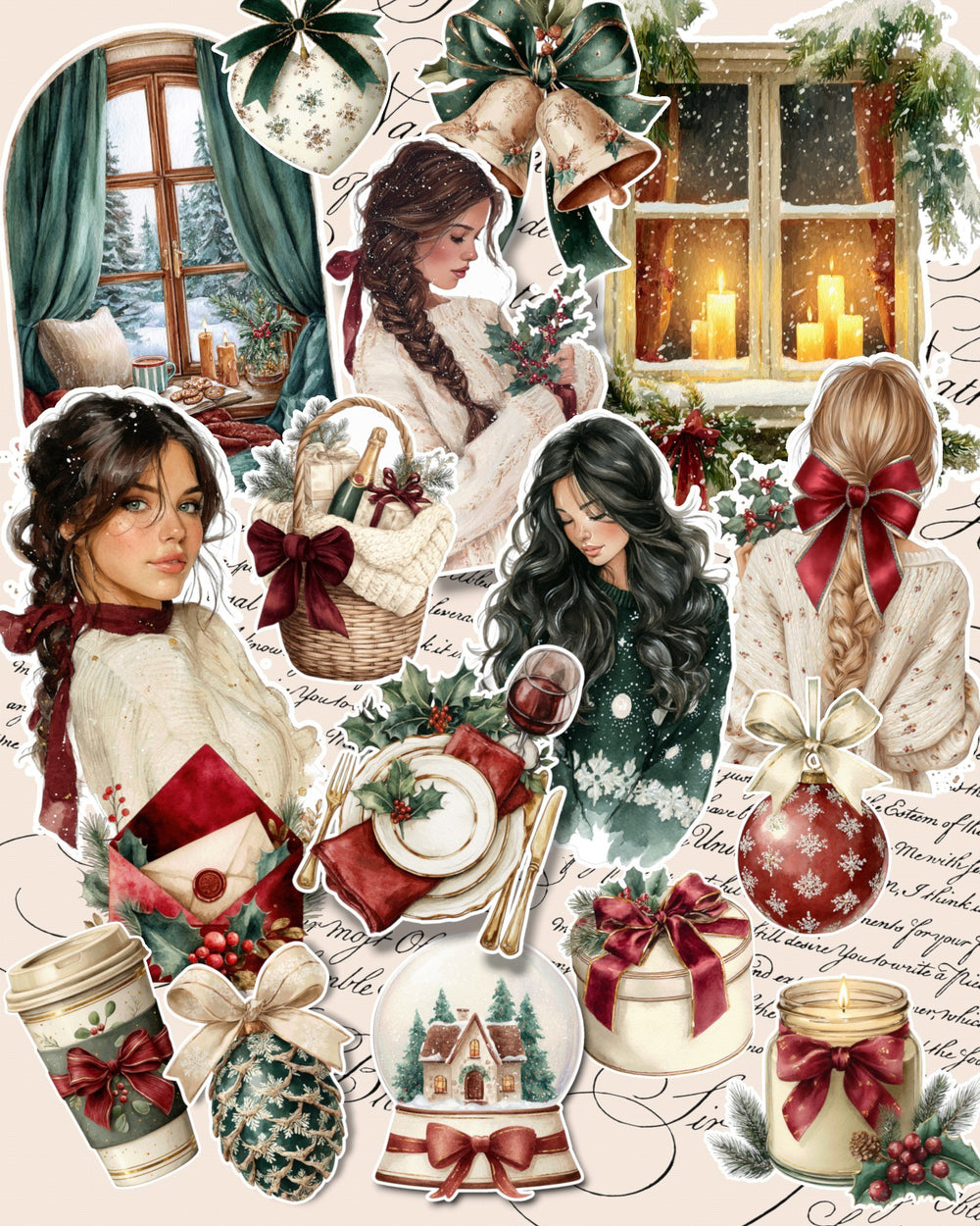 Lot de 17 dreamy cozy Burgundy Green Chrismas Stickers for journaling| Scrapbooking | Crafts| planners •