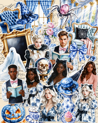 Lot of 25 Whimsical blue & white gothic stickers featuring vintage chairs,characters, pumpkins for journaling,Scrapbooking and Crafts
