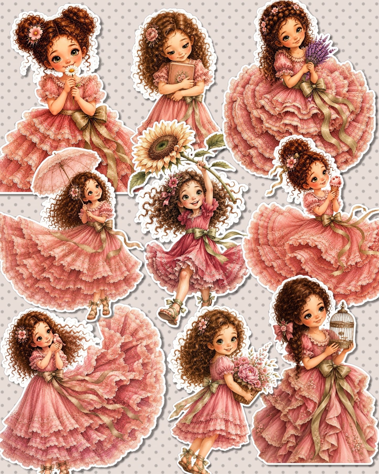 Set of Whimsical Curly Girl Sticker Collection for journaling , le scrapbooking, Crafts, HandArts.