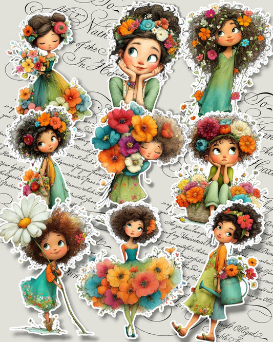 Adorable floral girl stickers for journaling ,scrapbooking,Crafts, HandArts .