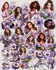 Lot de 25 ou 17 0u 10 Stickers  Purple Blossom Girls for journaling , scrapbooking, Crafts, HandArts .